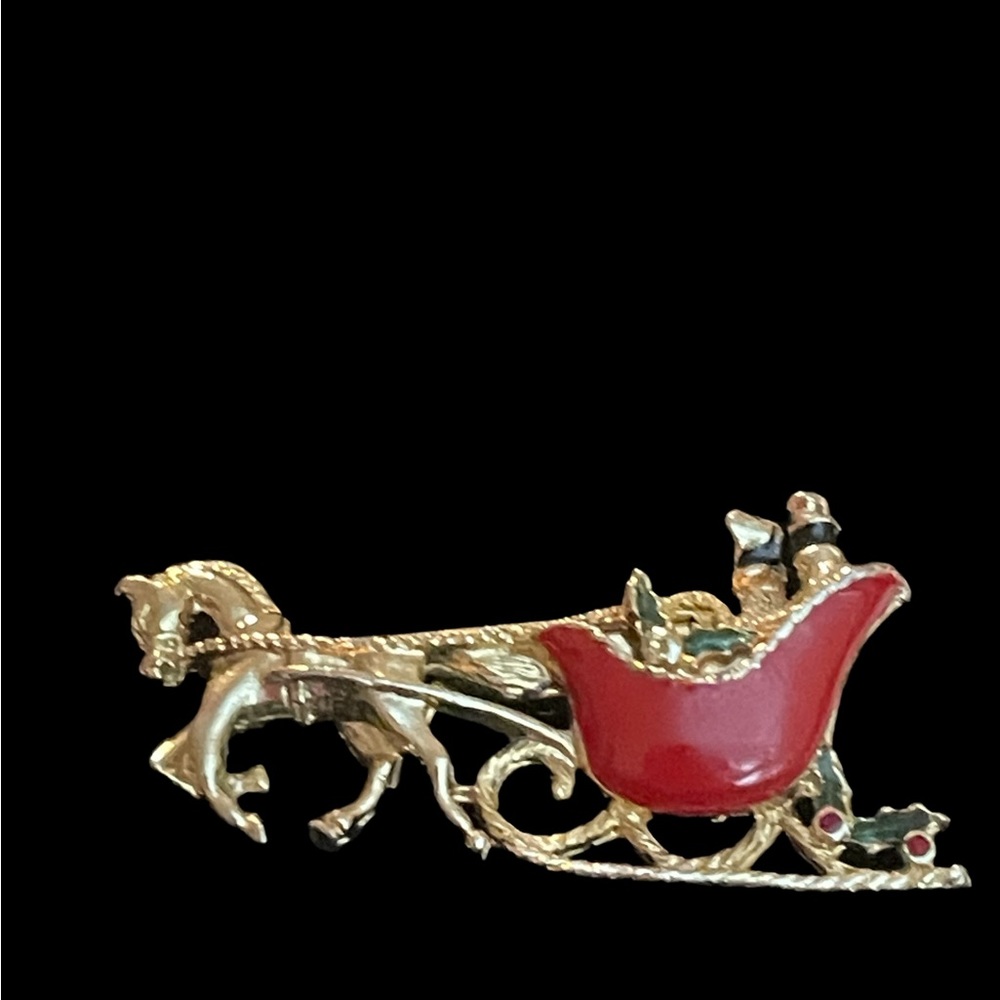 Vintage 1970’s Christmas Sleigh Gold Tone with Red Enamel.